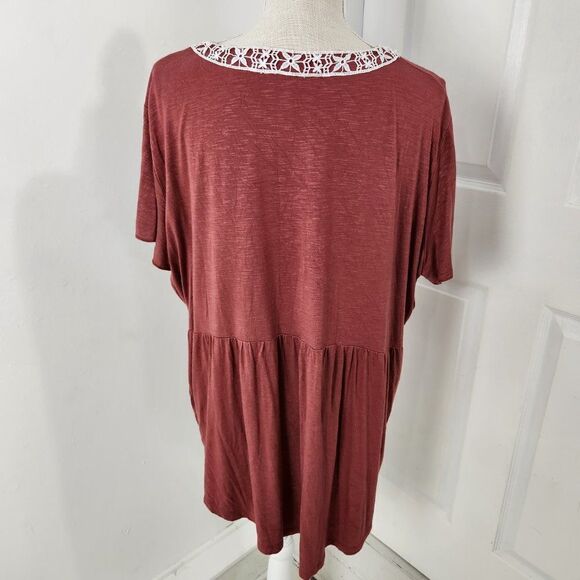 Amaryllis Top Womens 1X Brown Babydoll Boho Embroidered Rayon Stretch Flowy - Picture 6 of 14